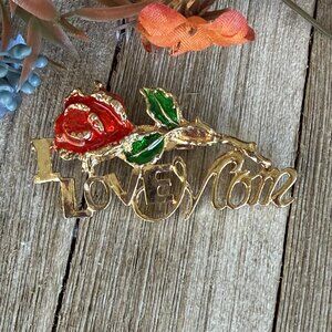 Vintage I Love Mom Brooch Pin Gold Plated Red Rose Mothers Day Gift